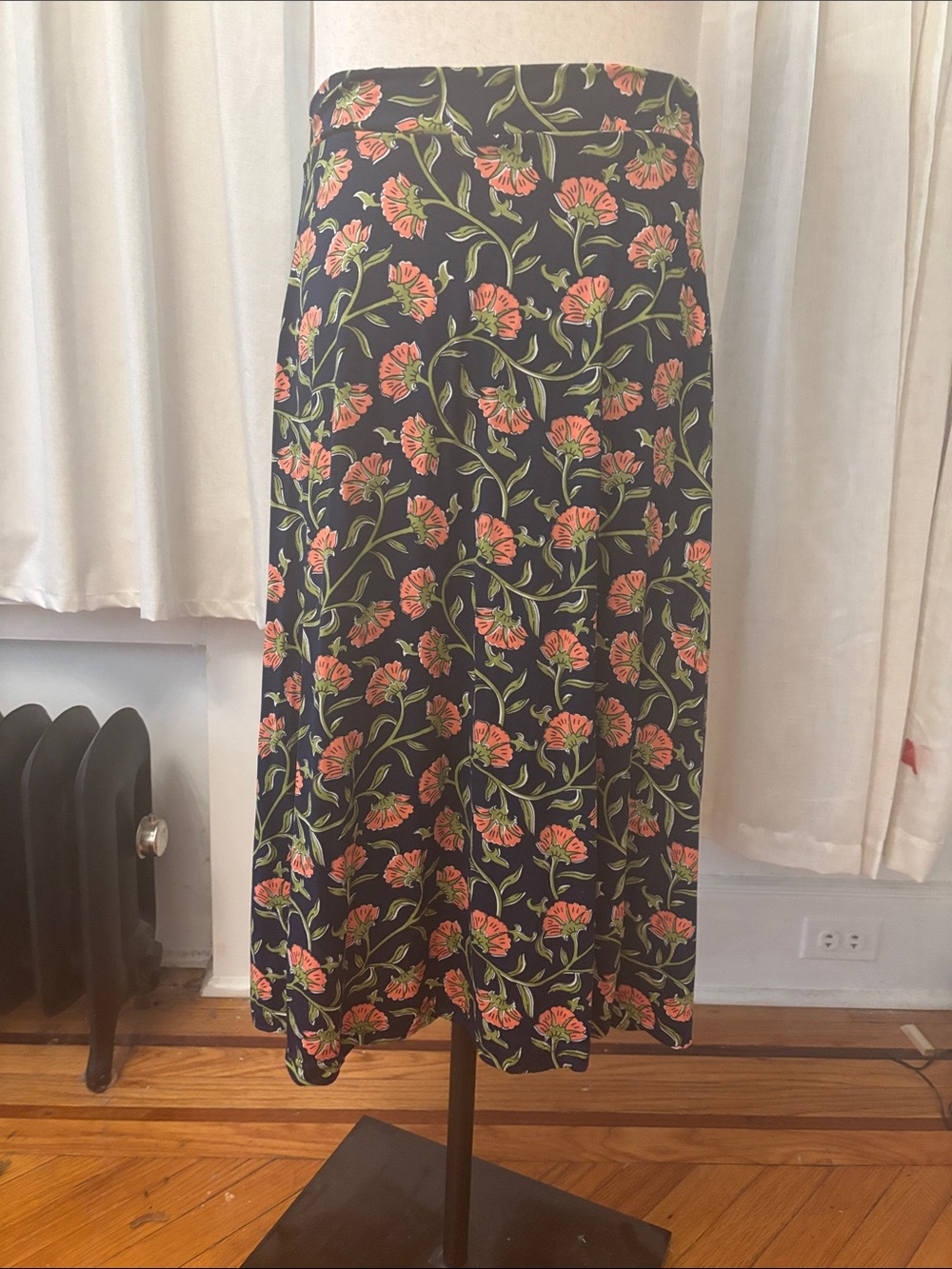 Floral A-Line Midi Skirt - Black with Coral Flowers